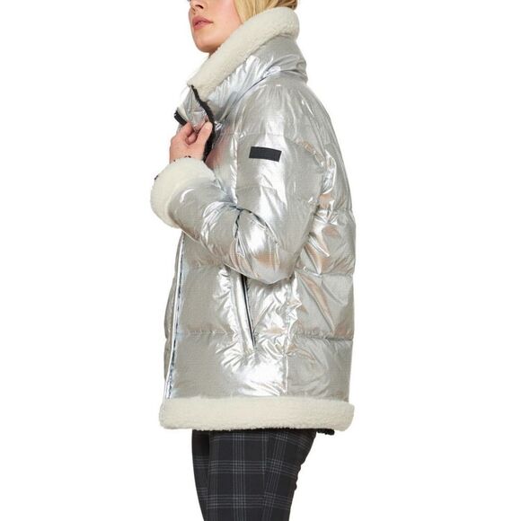 New! SANCTUARY Women's Metallic Puffer Jacket Faux Shearling Trim Size Small - Picture 5 of 10